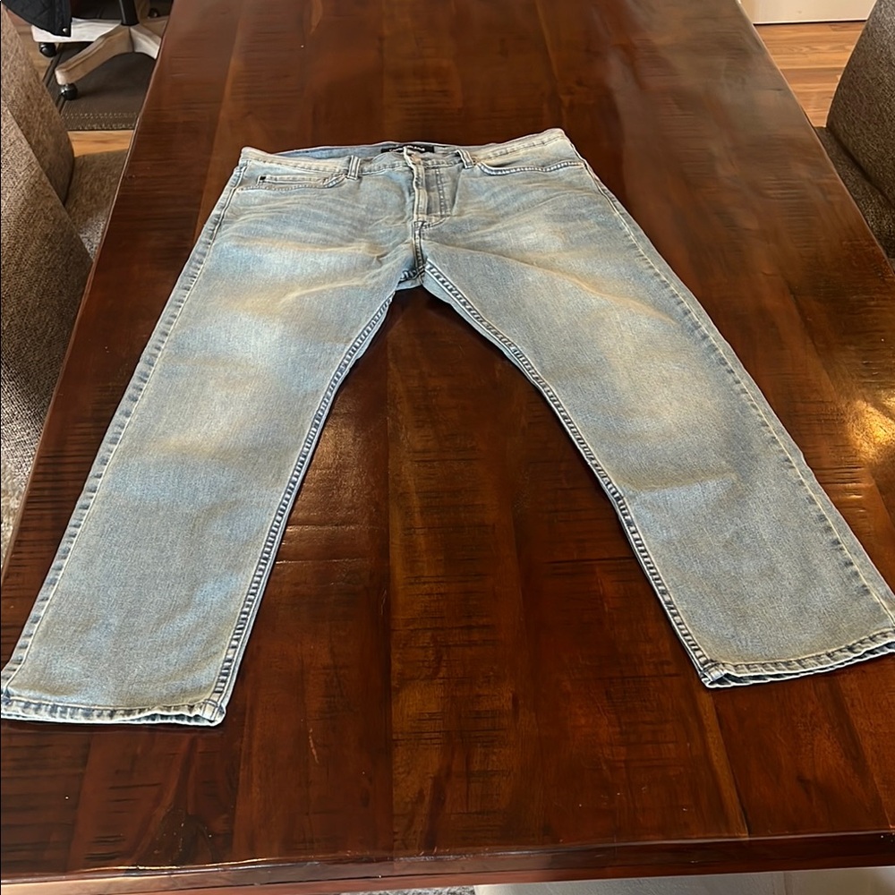 Light Blue Straight Jeans with Vintage Distressed Look